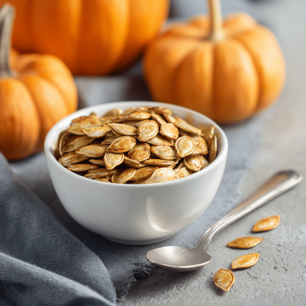 Quick Roasted Pumpkin Seeds: Crispy, Healthy, 10-Minute Snack. 4 Golden roasted pumpkin seeds on parchment, lightly salted and evenly browned, arranged in a single layer.