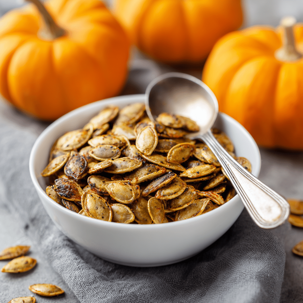Pumpkin seeds tossed with olive oil and spices in a mixing bowl before roasting.