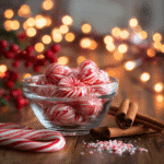 Candy cane fireball hard candy in a glass bowl with cinnamon sticks