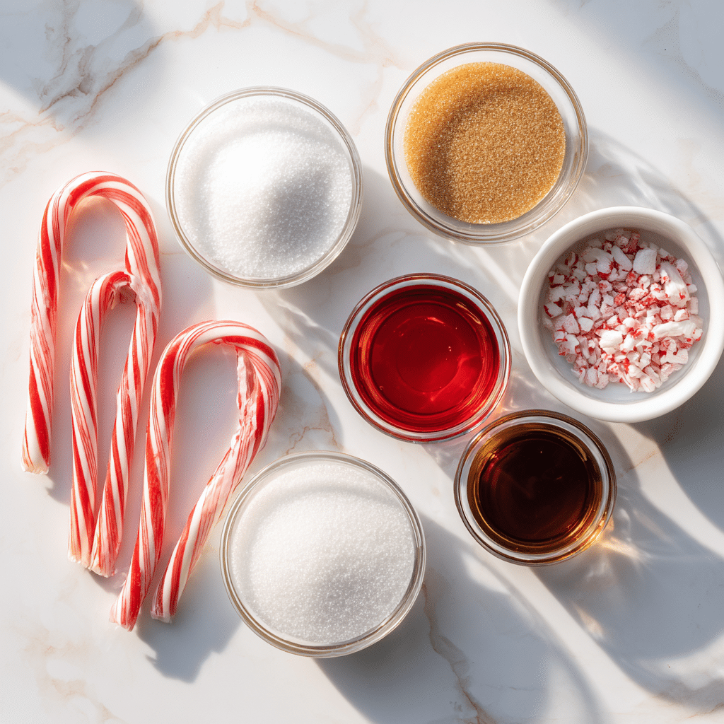 Ingredients for candy cane fireball hard candy on marble surface