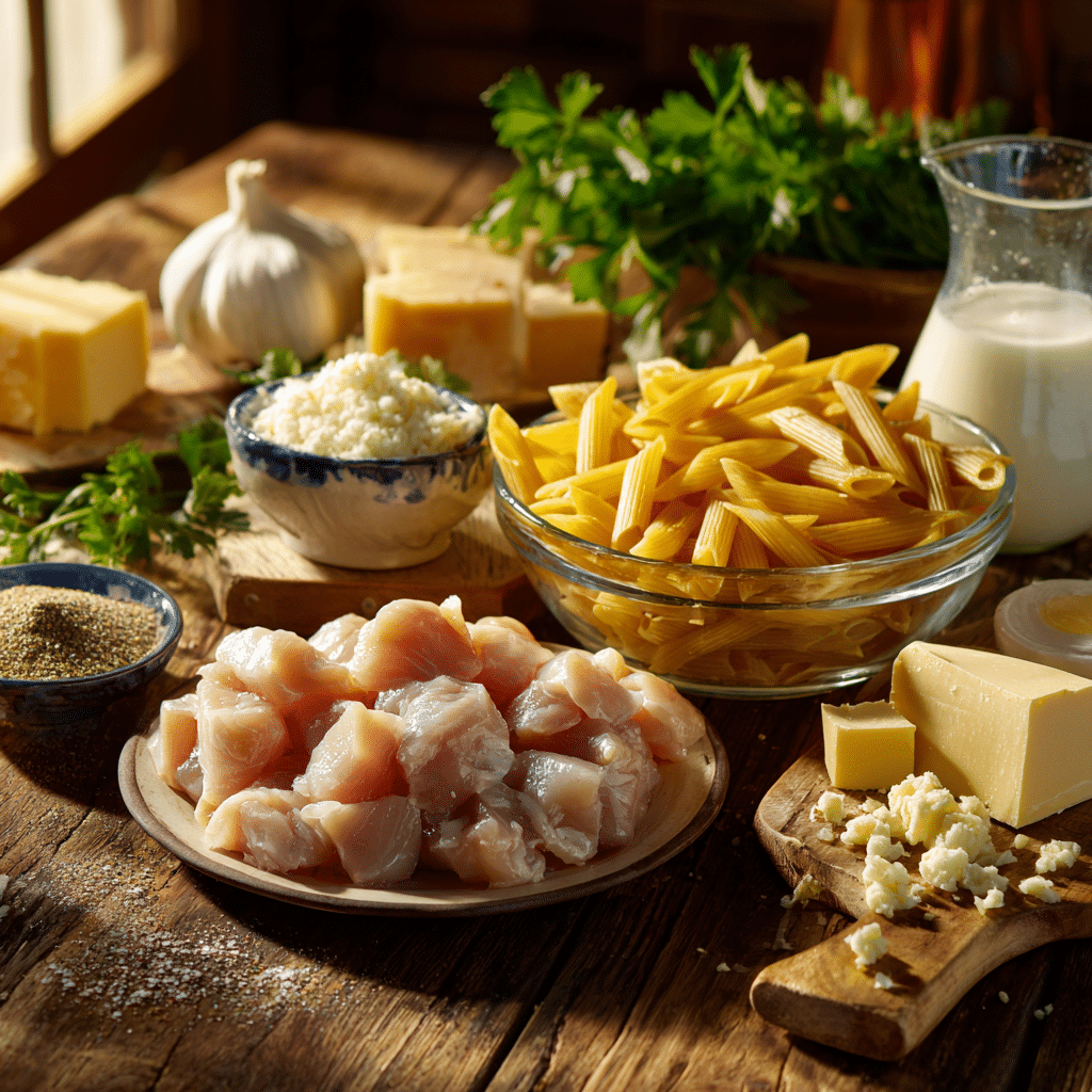 Cheddar Parmesan Garlic Butter Chicken with Creamy Penne Pasta ingredients
