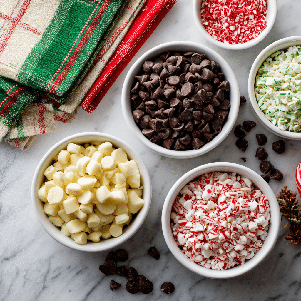 Christmas Candy Bark Recipe Easy : Quick No-Bake Holiday Delight 14 Christmas Candy Bark Recipe Easy ingredients flat lay