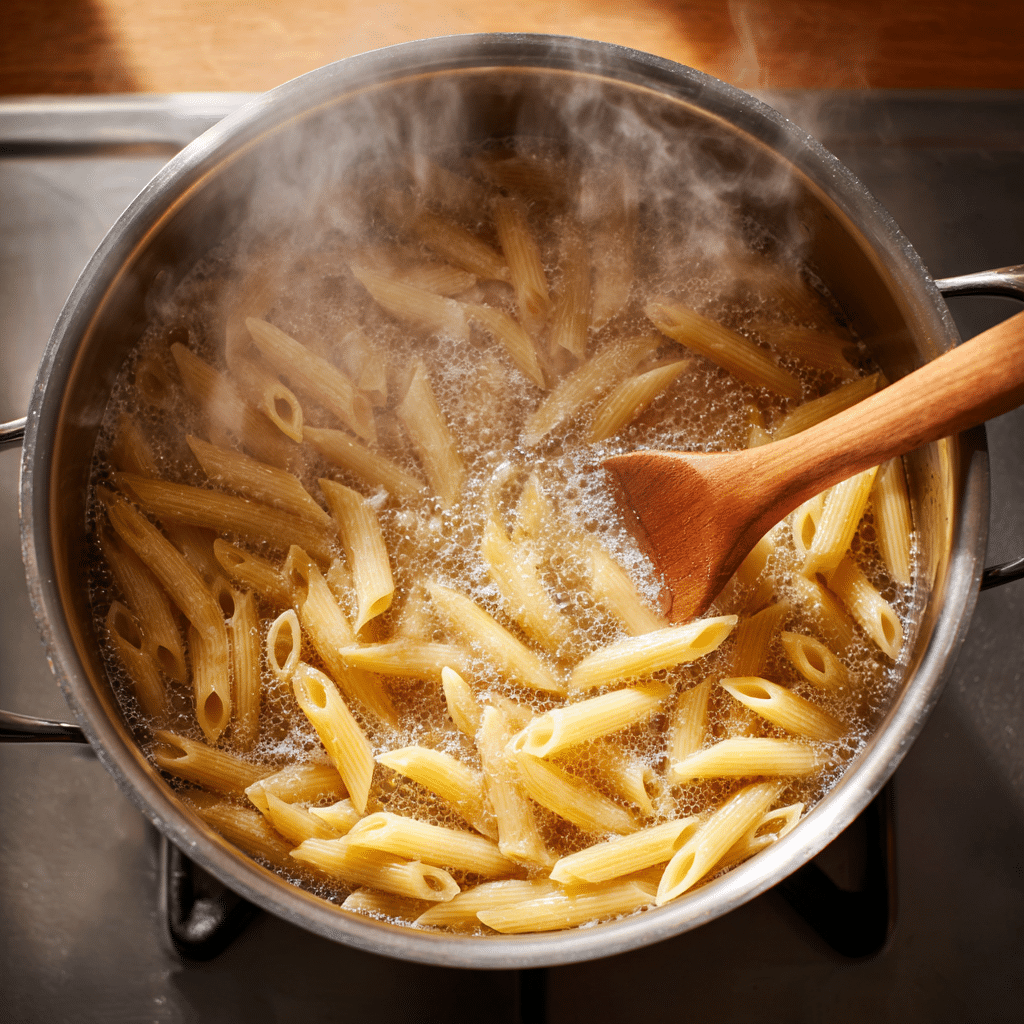 Delicious Creamy Garlic Butter Chicken with Cheddar & Parmesan – Ultimate Pasta Dinner 11 Boiling penne pasta for Cheddar Parmesan Garlic Butter Chicken with Creamy Penne Pasta