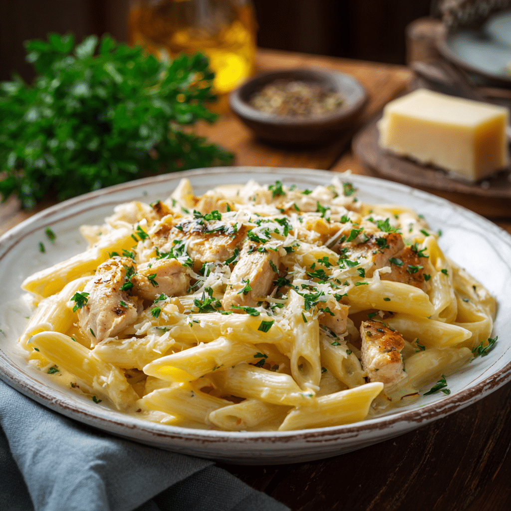 Delicious Creamy Garlic Butter Chicken with Cheddar & Parmesan – Ultimate Pasta Dinner 15 Finished Cheddar Parmesan Garlic Butter Chicken with Creamy Penne Pasta served hot