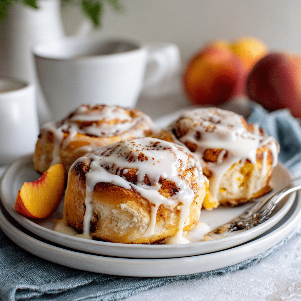 Frosted peach cheesecake cinnamon rolls