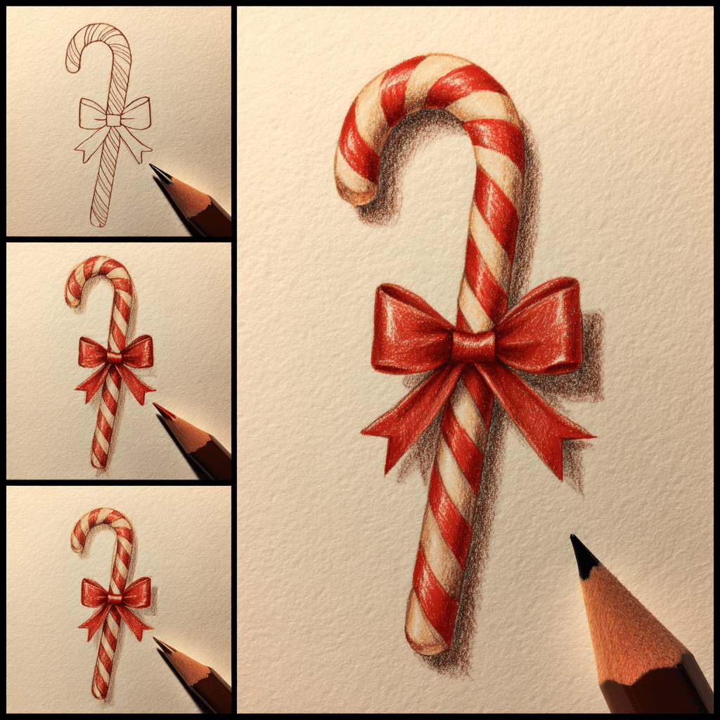 Adorable Candy Cane Bow Christmas Cake Decor : Simple DIY Ideas for a Festive Look 16 How to draw a candy cane with a bow step-by-step