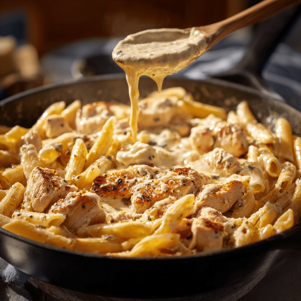 Delicious Creamy Garlic Butter Chicken with Cheddar & Parmesan – Ultimate Pasta Dinner 14 Mixing chicken and pasta into creamy sauce