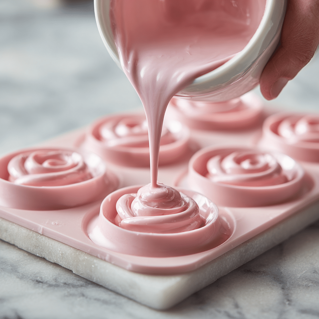pouring marshmallow mixture silicone rose mold