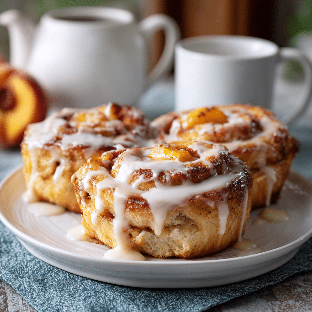 Peach cheesecake cinnamon rolls fresh from oven