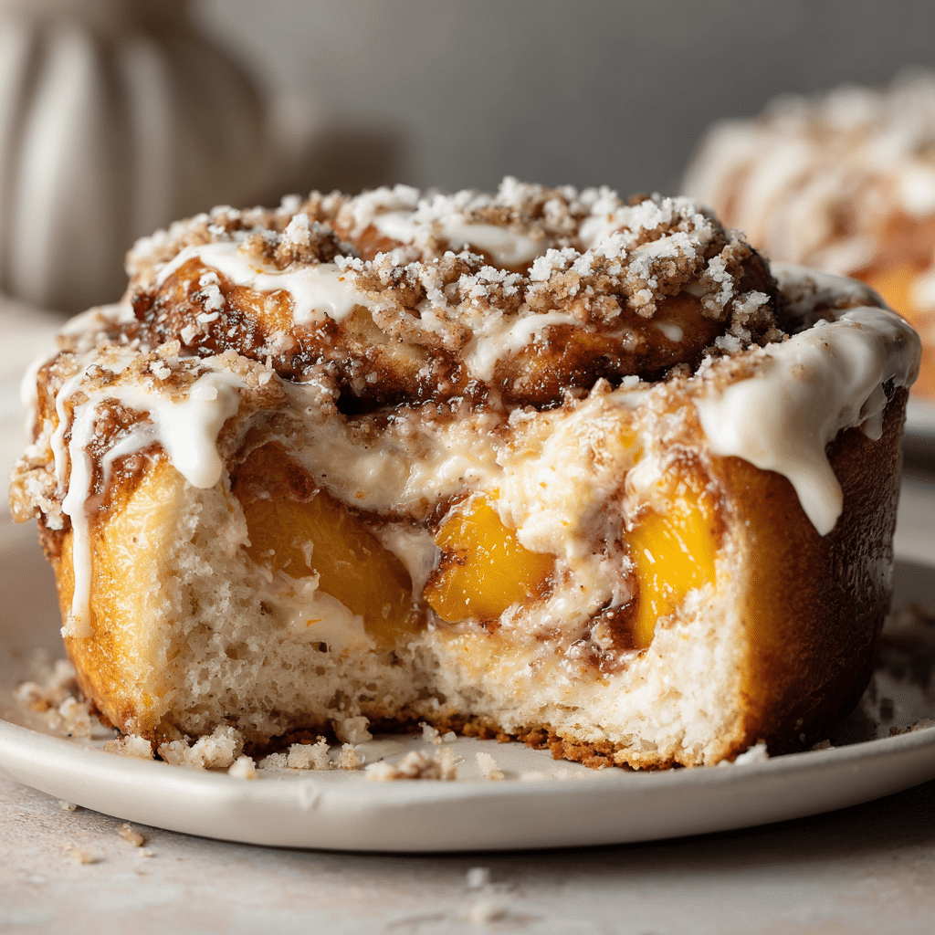 Inside of peach cheesecake cinnamon roll