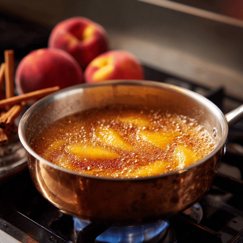 Peach cinnamon filling cooking in saucepan
