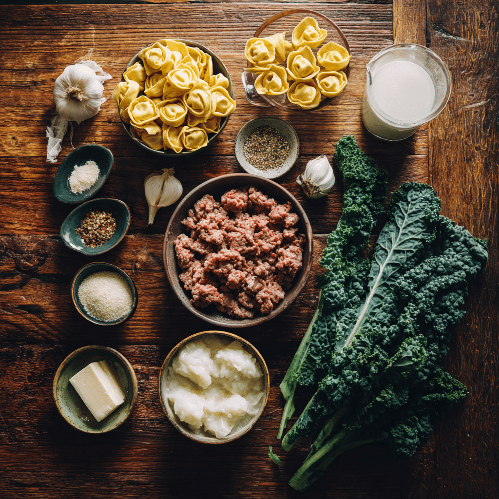 Sausage Tortellini Soup – The Ultimate Creamy Comfort Meal 13 Sausage Tortellini Soup Ingredients laid out on counter