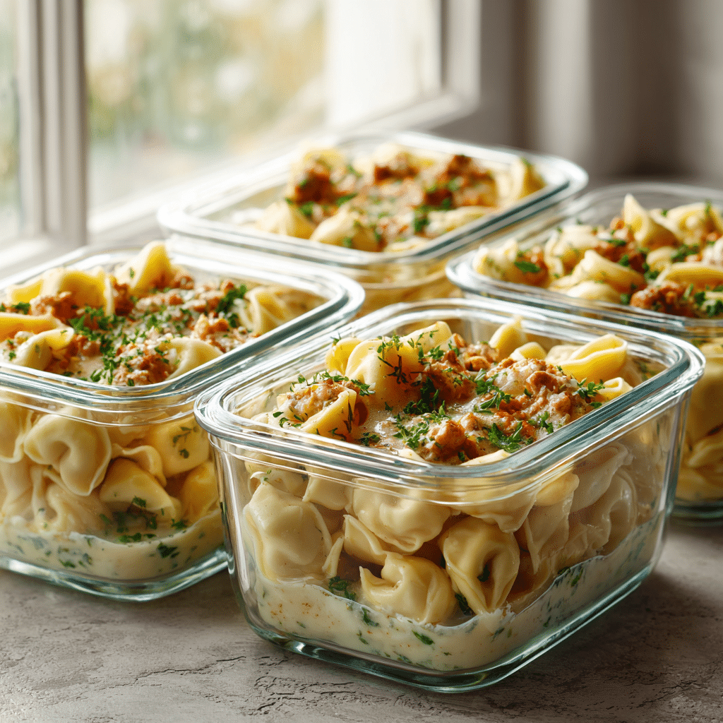 Sausage Tortellini Soup – The Ultimate Creamy Comfort Meal 22 Stored Sausage Tortellini Soup in glass containers ready for the fridge.