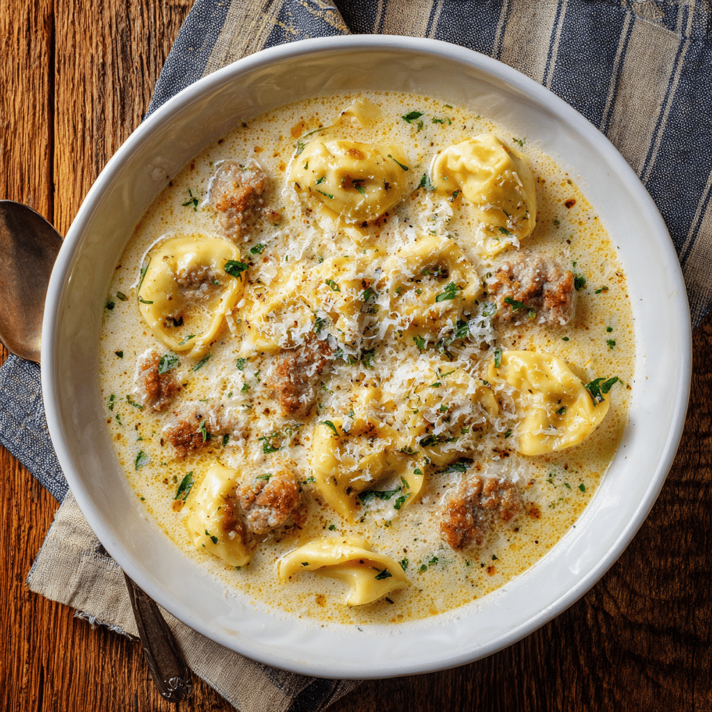 Creamy Sausage Tortellini Soup in a white bowl with spoon.