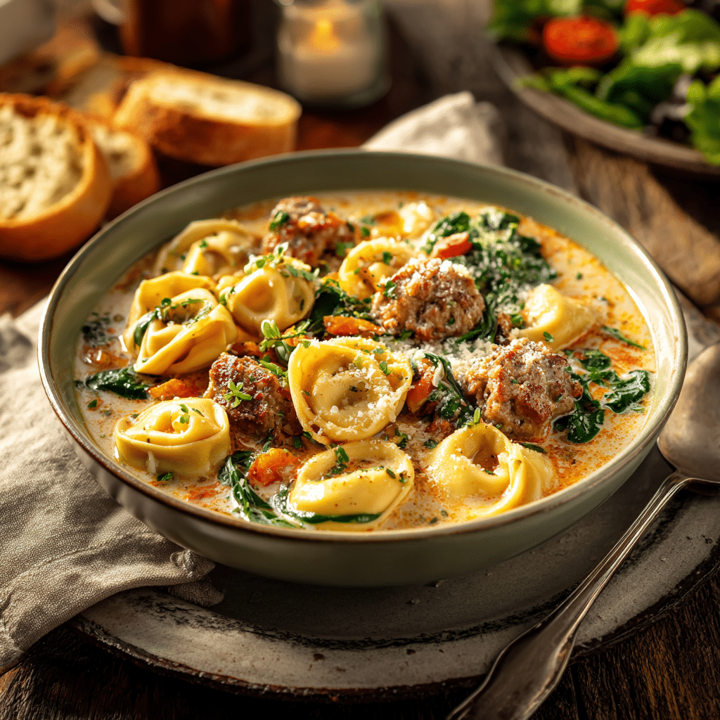 Sausage Tortellini Soup – The Ultimate Creamy Comfort Meal 21 Bowl of creamy Sausage Tortellini Soup served with garlic bread and salad.
