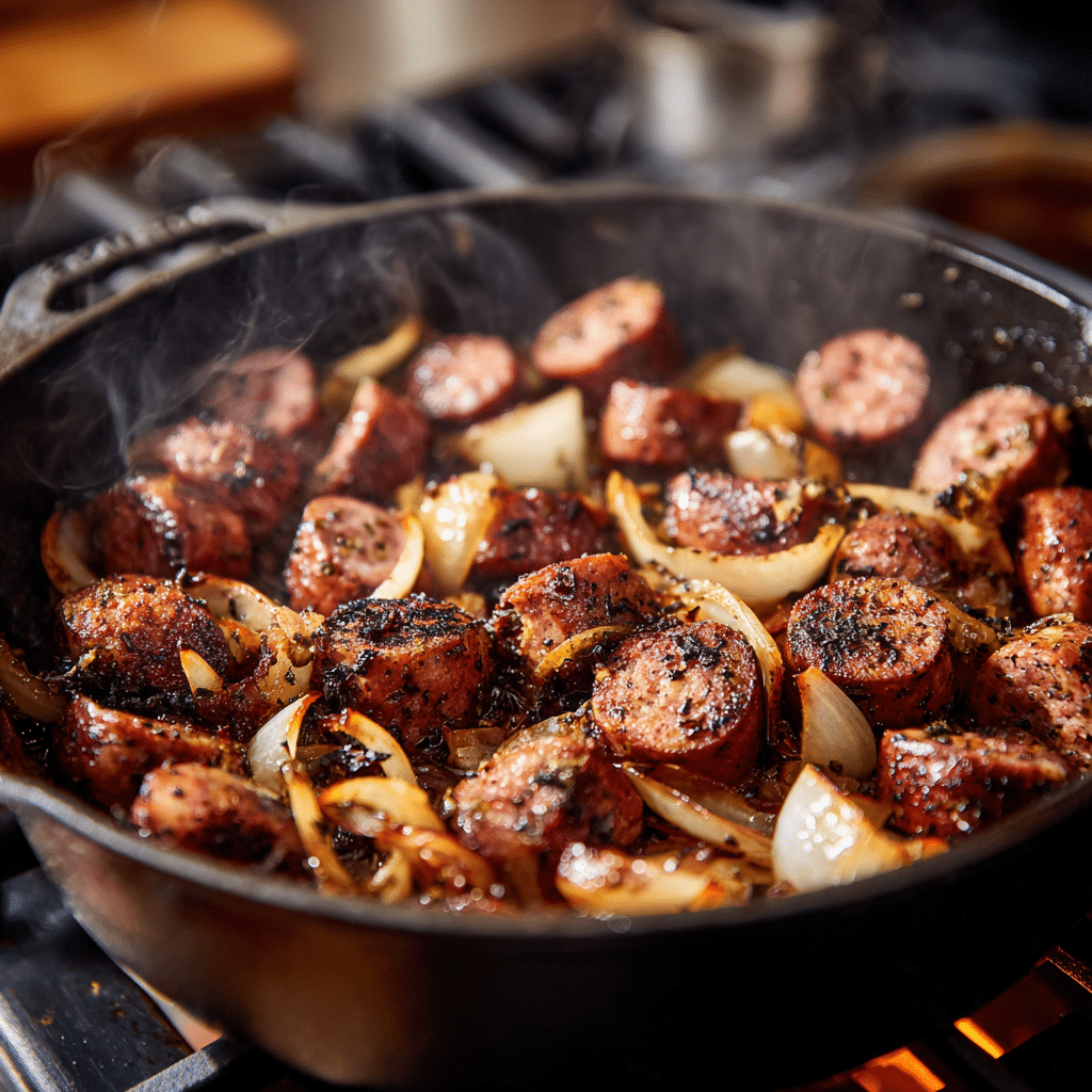 Sausage Tortellini Soup – The Ultimate Creamy Comfort Meal 14 Browning Italian sausage and onions in a Dutch oven for Sausage Tortellini Soup.