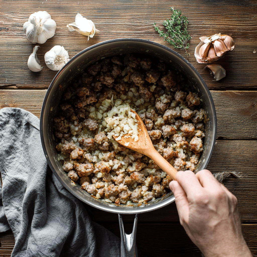 Sausage Tortellini Soup – The Ultimate Creamy Comfort Meal 15 Adding minced garlic to browned sausage in a pot for Sausage Tortellini Soup.