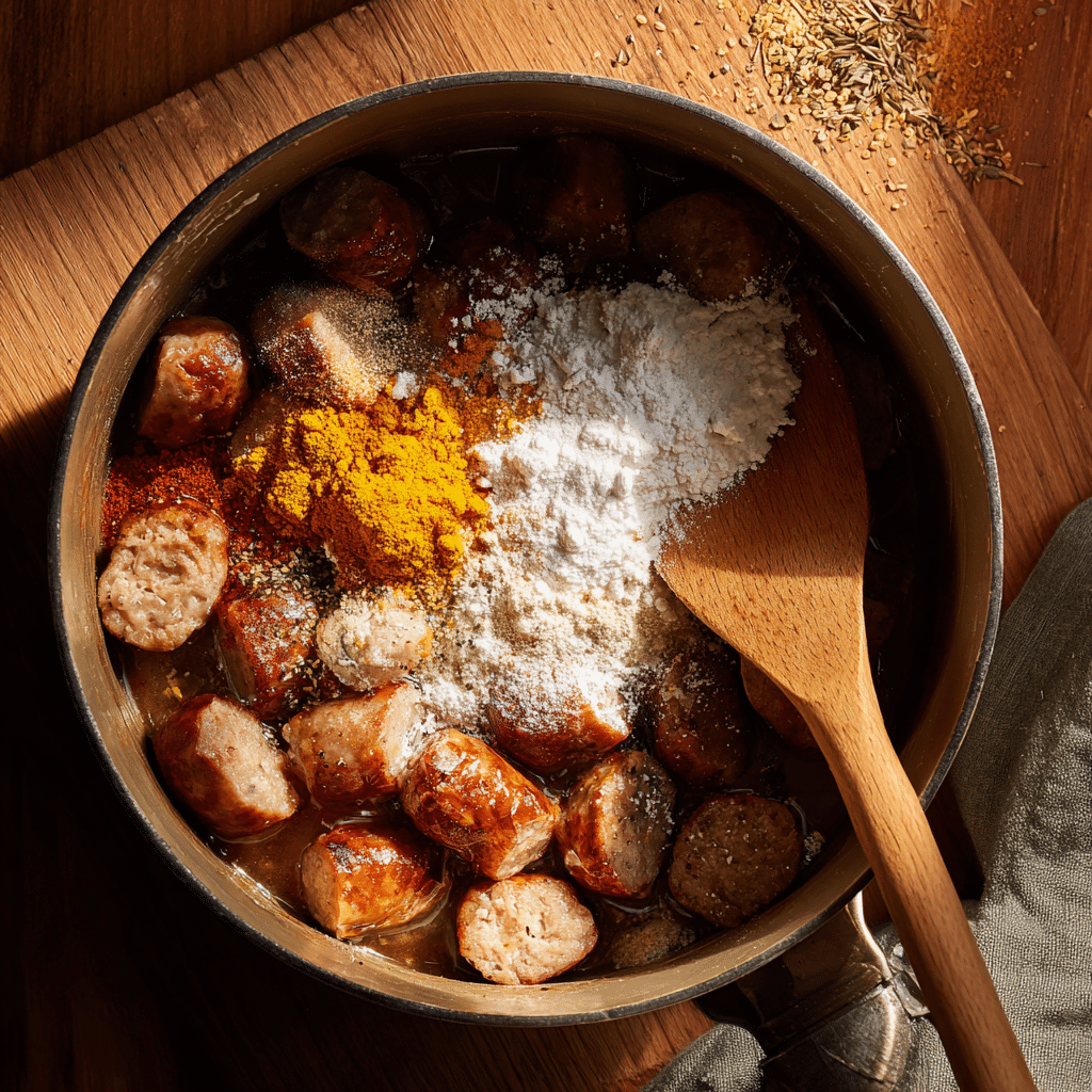 Sausage Tortellini Soup – The Ultimate Creamy Comfort Meal 16 Adding seasonings and flour to sausage base for Sausage Tortellini Soup.