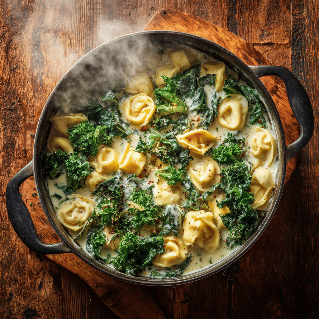 Sausage Tortellini Soup – The Ultimate Creamy Comfort Meal 18 Adding kale and tortellini into creamy soup base.