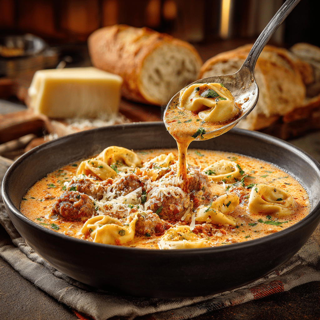 Sausage Tortellini Soup – The Ultimate Creamy Comfort Meal 19 Serving a bowl of creamy Sausage Tortellini Soup with bread on the side.