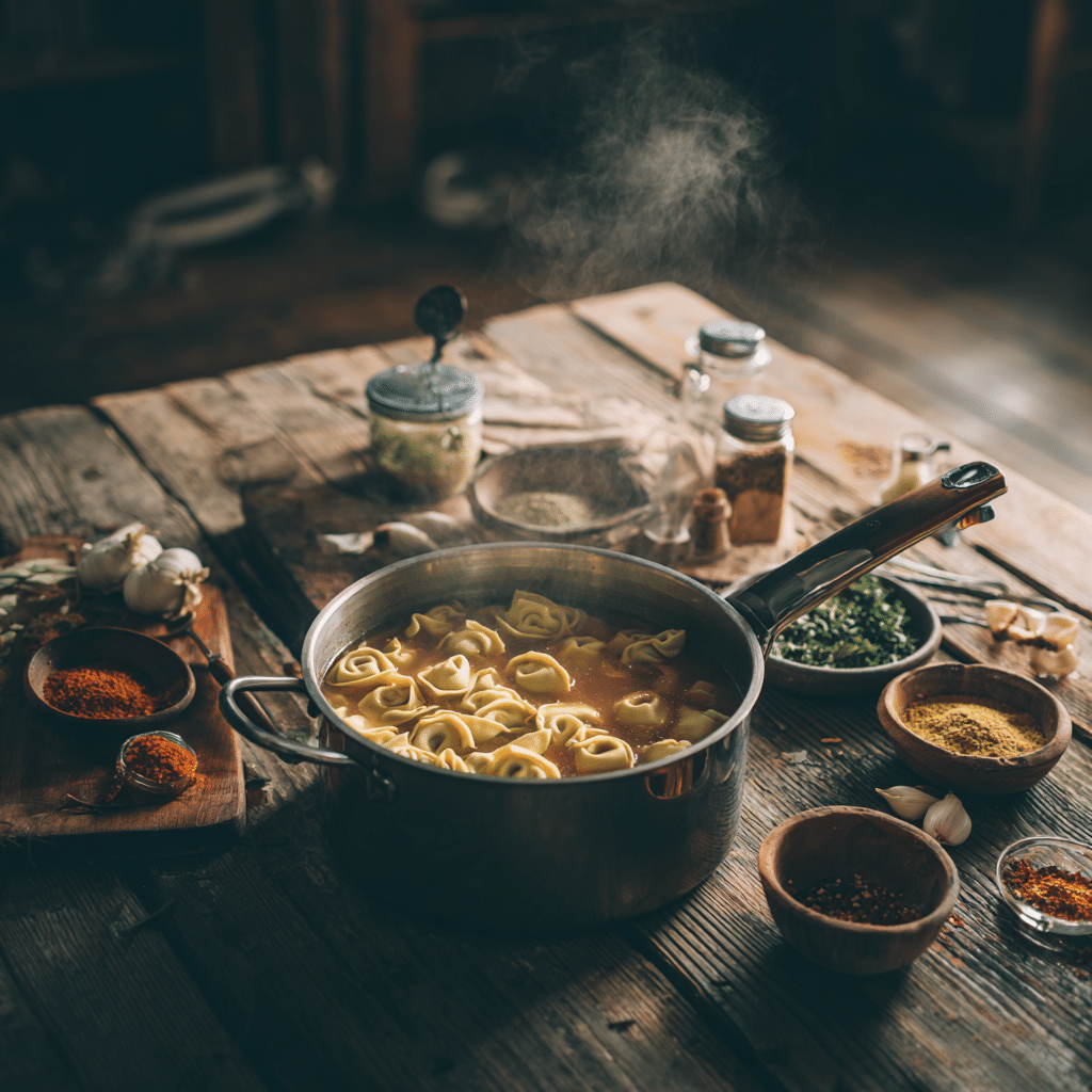 Sausage Tortellini Soup – The Ultimate Creamy Comfort Meal 20 Equipment and variations for Sausage Tortellini Soup on a rustic kitchen counter.