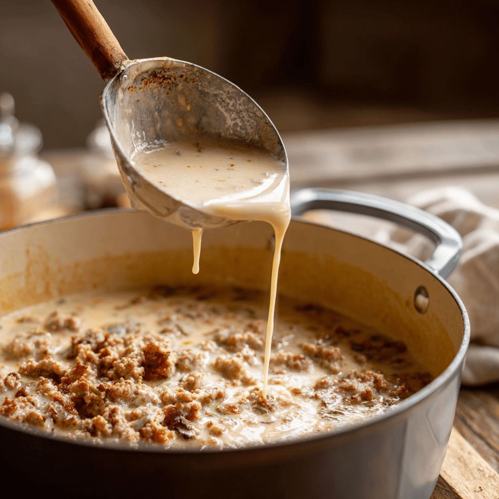 Sausage Tortellini Soup – The Ultimate Creamy Comfort Meal 17 Pouring chicken broth and cream into sausage mixture for Sausage Tortellini Soup.