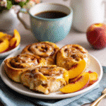 Served peach cheesecake cinnamon rolls with coffee