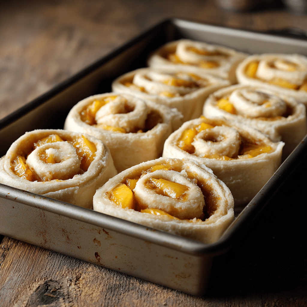 Unbaked peach cheesecake cinnamon rolls in pan