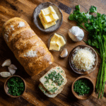 Melty and Irresistible Cheesy Garlic Bread Recipe 13 mohamedlabb Flat lay of bread loaf butter garlic cloves parsl 231bc725 07f7 4bea 8554 599ae8612f59 2