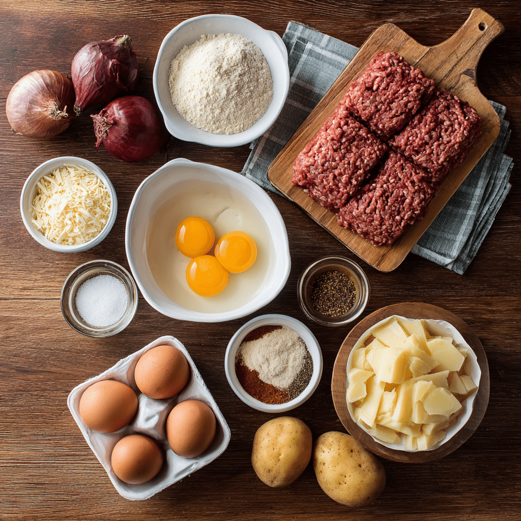 mohamedlabb Flat lay of meatloaf ingredients ground beef egg 0123d730 b141 4ca5 9ab9 1886d3107719 3